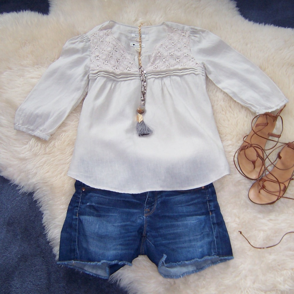 Malvin I Love Linen Crochet V-neck Boho Top SzSm